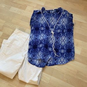 Multiple shades of blue and white blouse